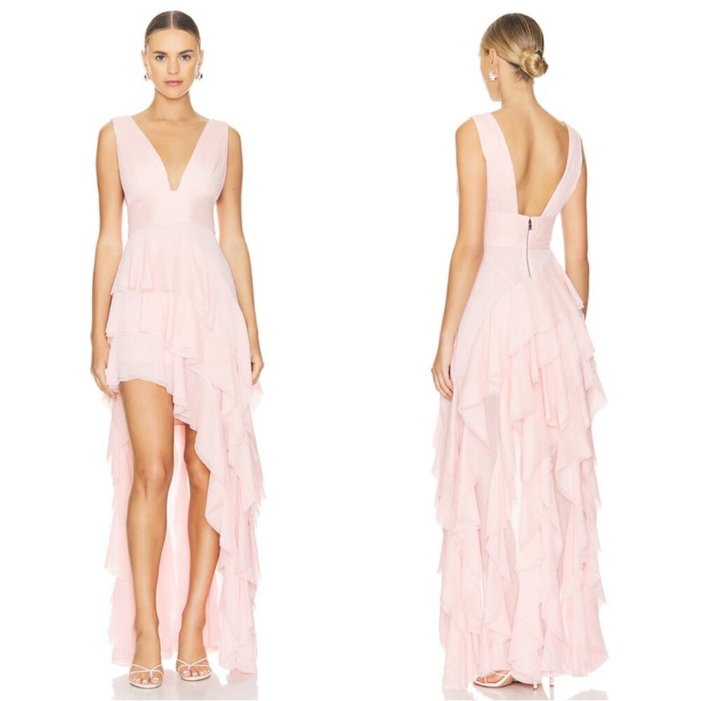 ALICE + OLIVIA Holly Ruffle Tiered Asymmetric High Low Pink Maxi Dress Size 8